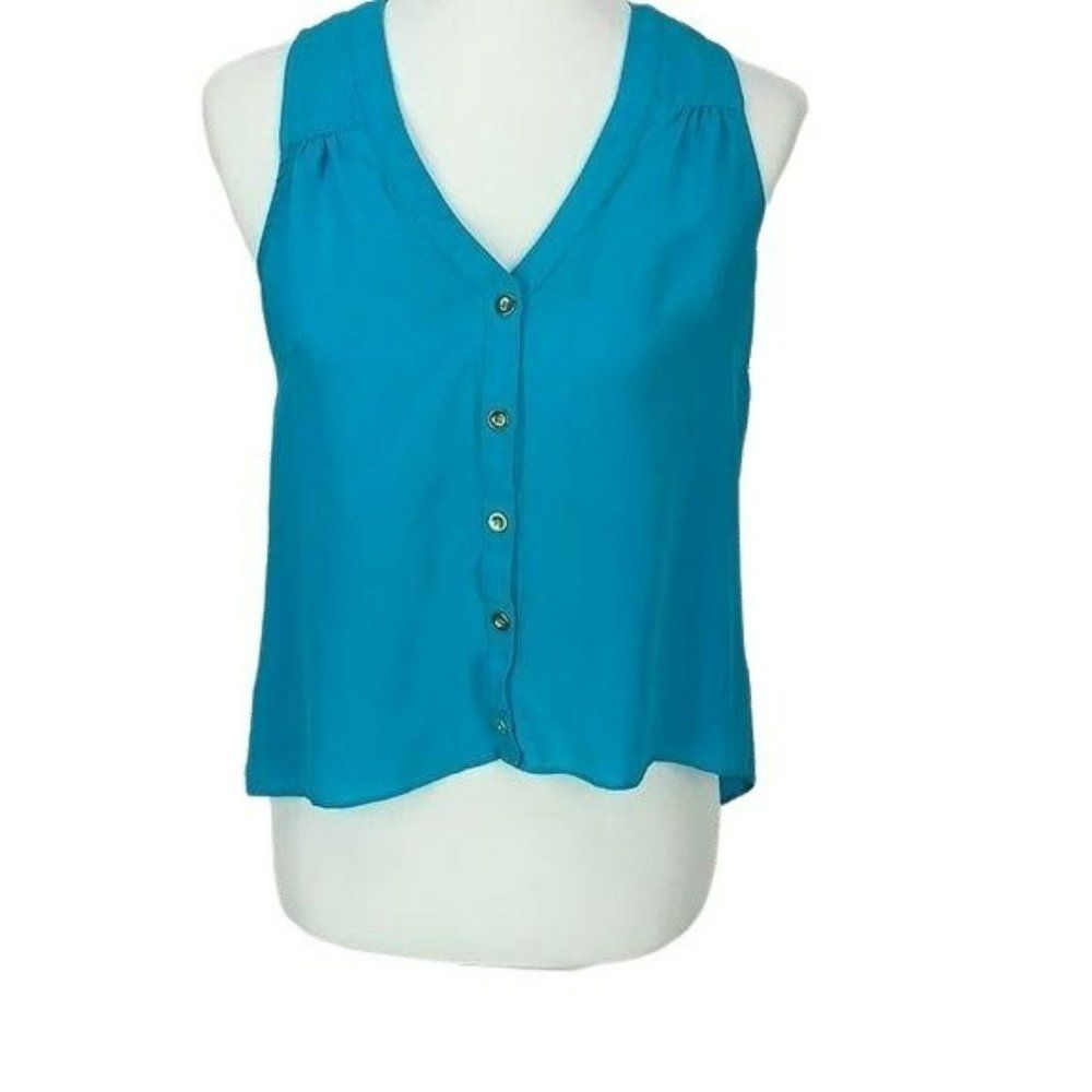 Bebe Women's Blue Teal Sheer Hi Low Button Down Tank Top Size‎ Small